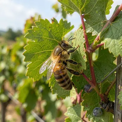 Abeille sur feuille de vigne, pollinisation naturelle au vignoble de Morgeot