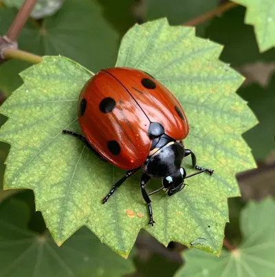 Coccinelle sur feuille de vigne, viticulture durable à l'Abbaye de Morgeot