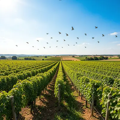 Nuée d'oiseaux survolant le vignoble en été, biodiversité au Domaine de Magenta